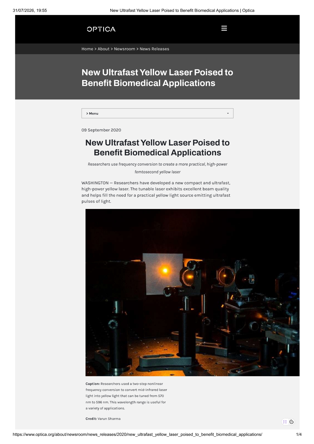 OPTICA News Release September 2020